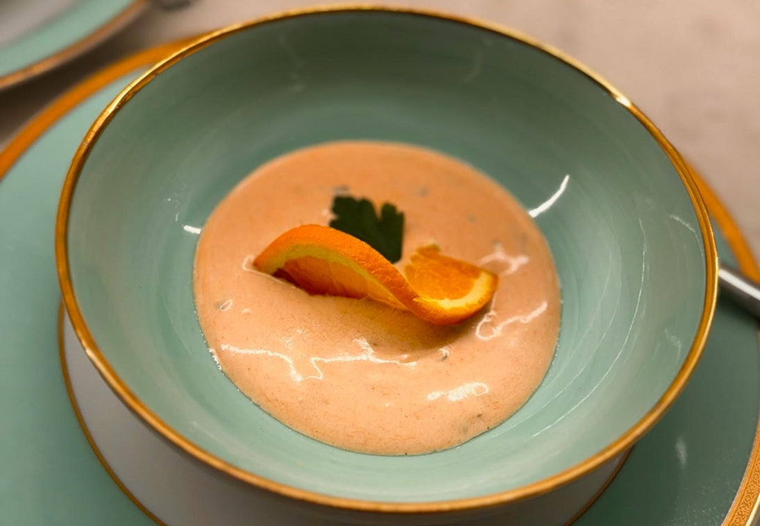 Susan Julia’s Chilled Roasted Carrot, Orange & Ginger Soup with Extra Virgin Olive Oil ( EVOO)